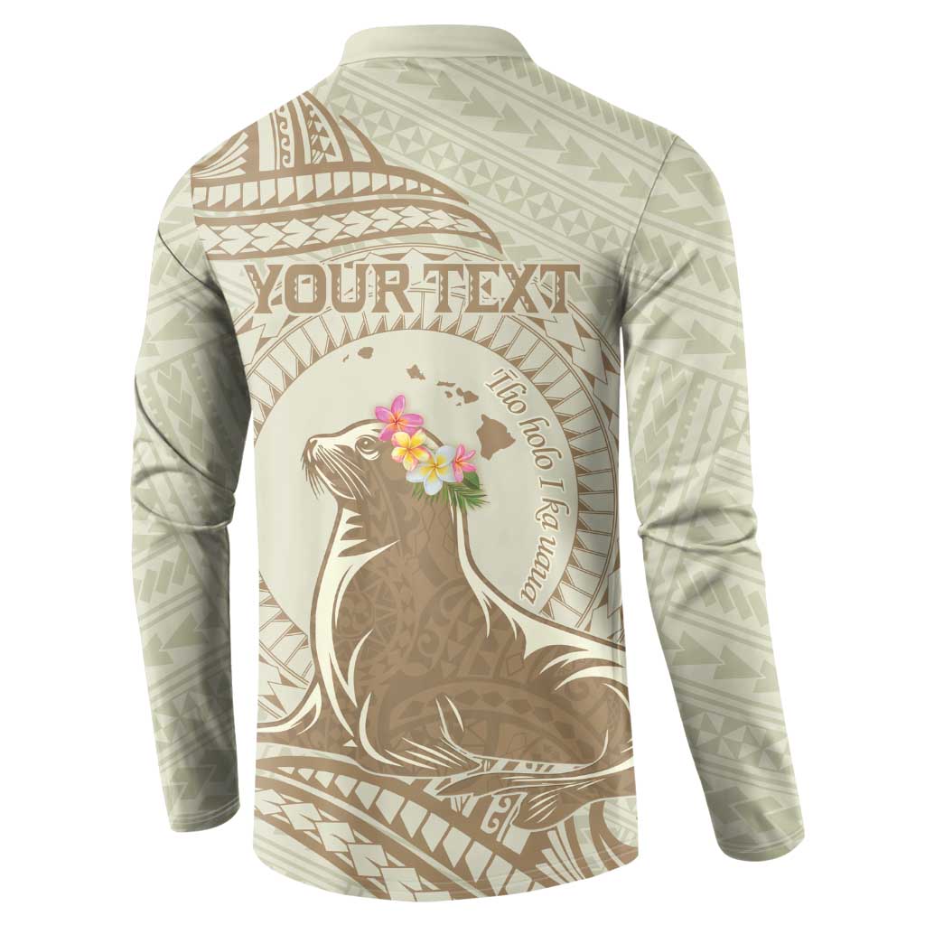 Personalised Hawaii Monk Seal Button Sweatshirt Polynesian Tattoo With Tropical Flowers - Beige Pastel