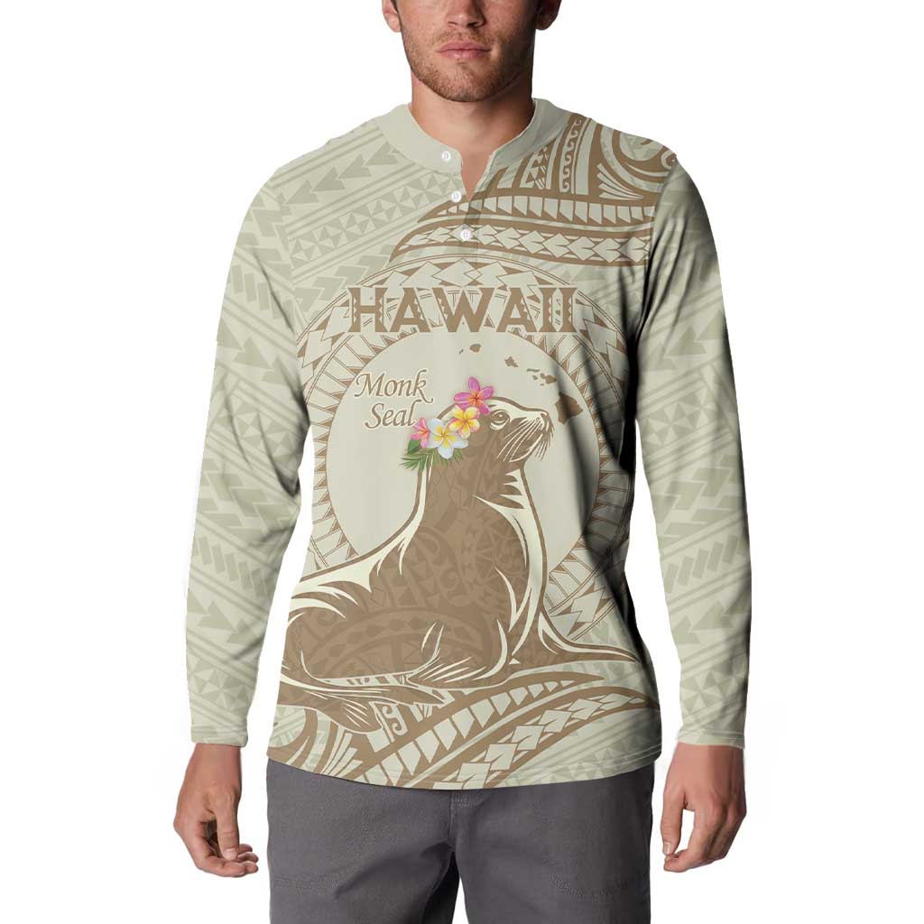 Personalised Hawaii Monk Seal Button Sweatshirt Polynesian Tattoo With Tropical Flowers - Beige Pastel