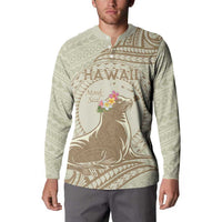 Personalised Hawaii Monk Seal Button Sweatshirt Polynesian Tattoo With Tropical Flowers - Beige Pastel