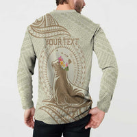Personalised Hawaii Monk Seal Button Sweatshirt Polynesian Tattoo With Tropical Flowers - Beige Pastel