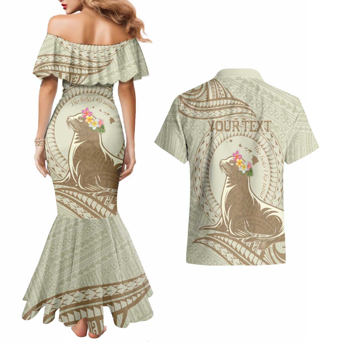 Personalised Hawaii Monk Seal Couples Matching Mermaid Dress and Hawaiian Shirt Polynesian Tattoo With Tropical Flowers - Beige Pastel
