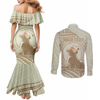 Personalised Hawaii Monk Seal Couples Matching Mermaid Dress and Long Sleeve Button Shirt Polynesian Tattoo With Tropical Flowers - Beige Pastel