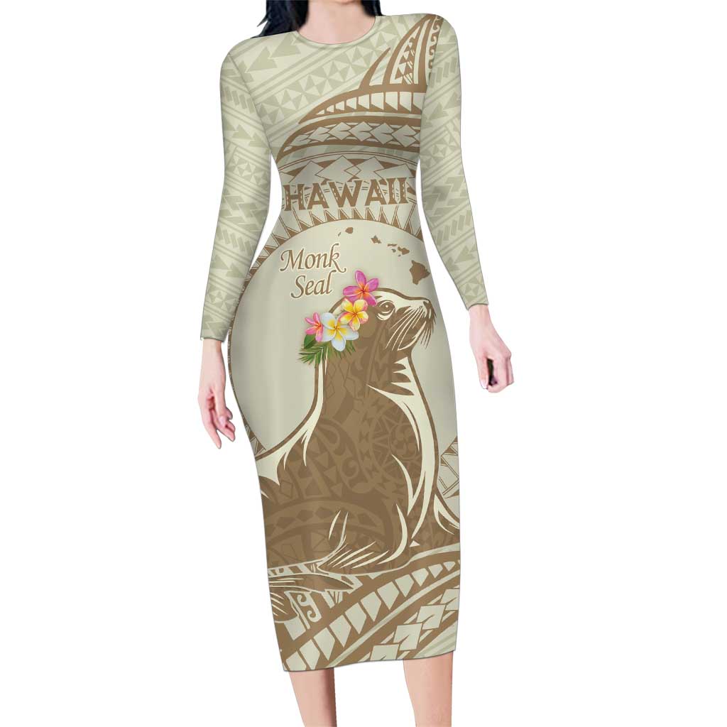 Personalised Hawaii Monk Seal Family Matching Long Sleeve Bodycon Dress and Hawaiian Shirt Polynesian Tattoo With Tropical Flowers - Beige Pastel
