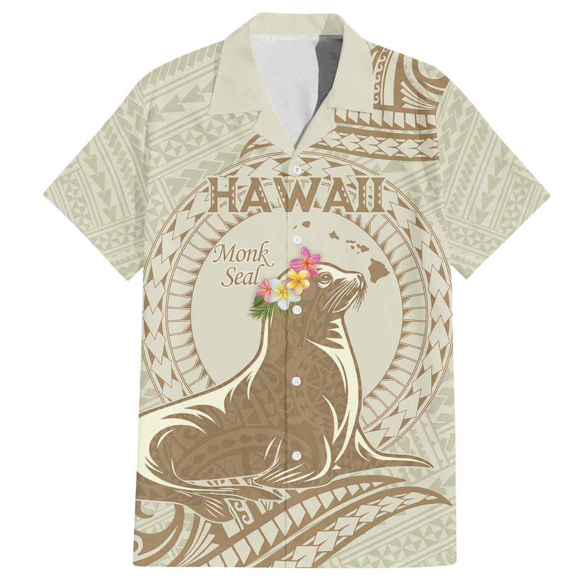 Personalised Hawaii Monk Seal Family Matching Off The Shoulder Long Sleeve Dress and Hawaiian Shirt Polynesian Tattoo With Tropical Flowers - Beige Pastel