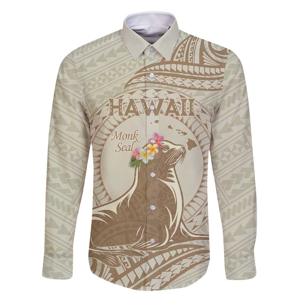 Personalised Hawaii Monk Seal Family Matching Off Shoulder Maxi Dress and Hawaiian Shirt Polynesian Tattoo With Tropical Flowers - Beige Pastel