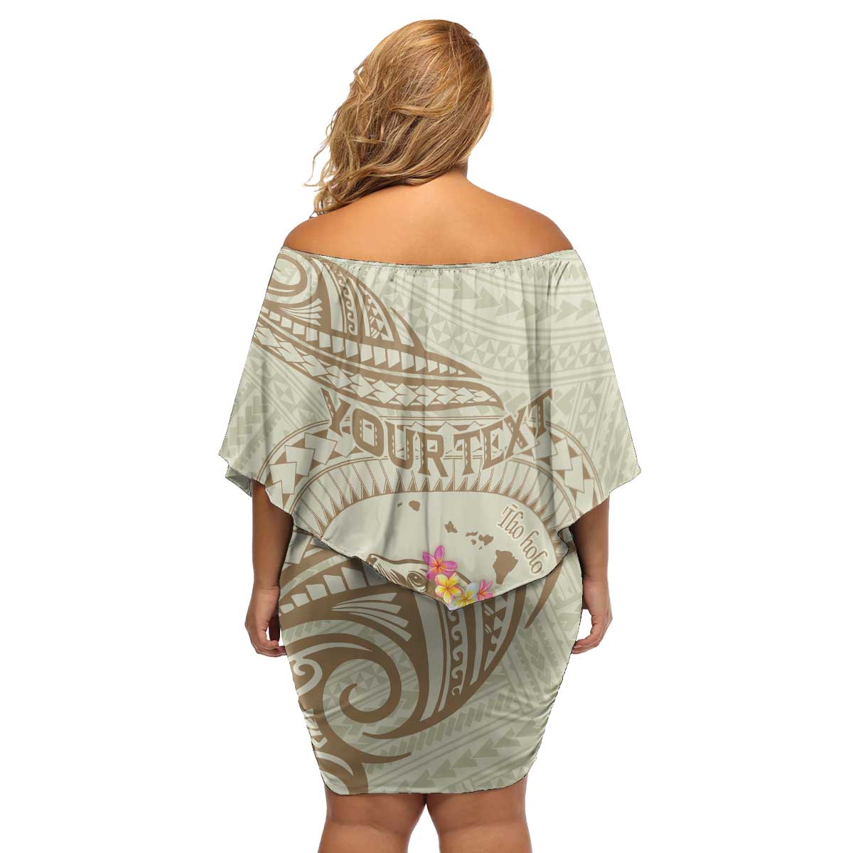 Personalised Hawaii Monk Seal Family Matching Off Shoulder Short Dress and Hawaiian Shirt Polynesian Tattoo With Tropical Flowers - Beige Pastel