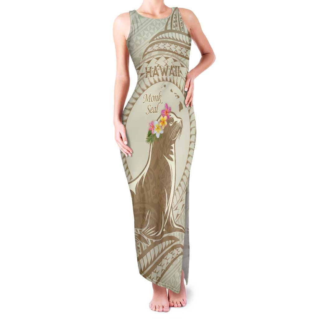 Personalised Hawaii Monk Seal Family Matching Tank Maxi Dress and Hawaiian Shirt Polynesian Tattoo With Tropical Flowers - Beige Pastel