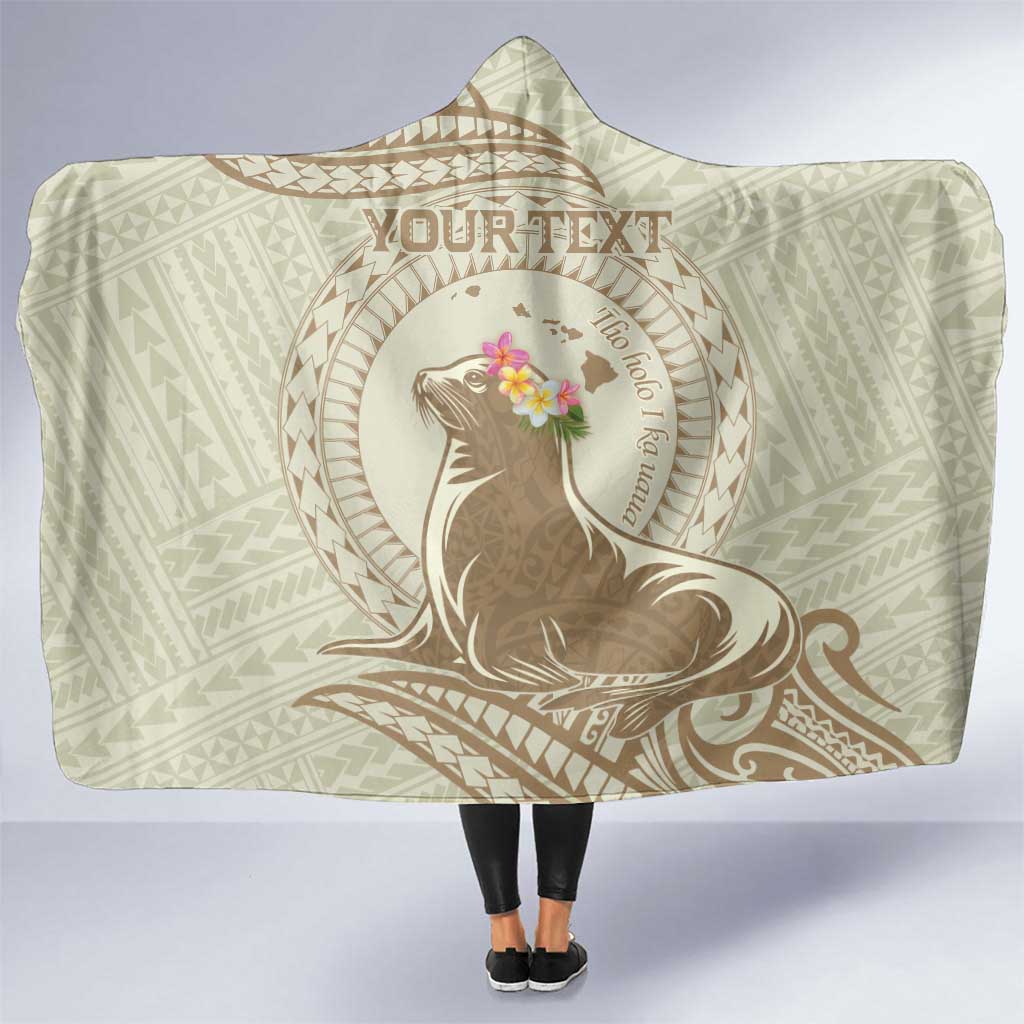 Personalised Hawaii Monk Seal Hooded Blanket Polynesian Tattoo With Tropical Flowers - Beige Pastel