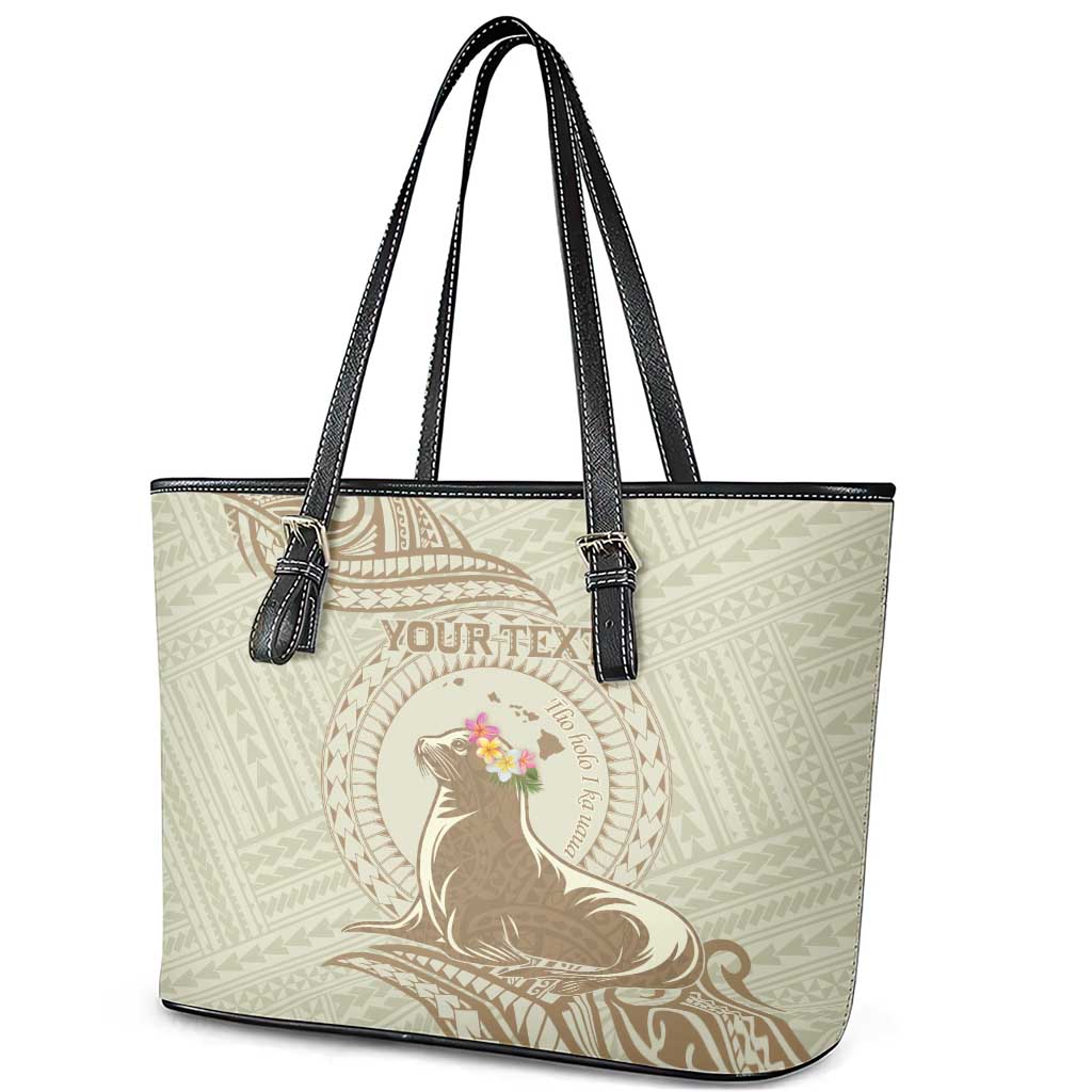Personalised Hawaii Monk Seal Leather Tote Bag Polynesian Tattoo With Tropical Flowers - Beige Pastel