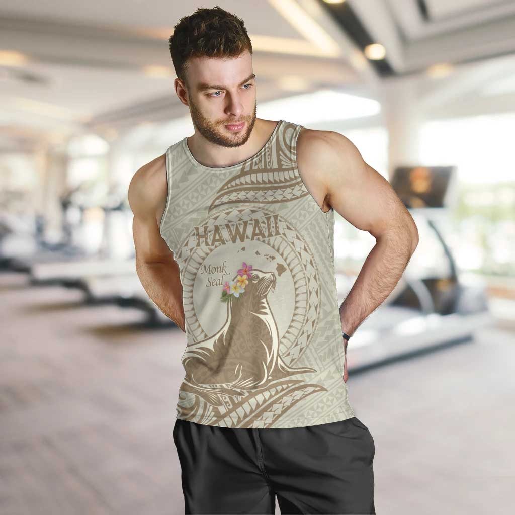 Personalised Hawaii Monk Seal Men Tank Top Polynesian Tattoo With Tropical Flowers - Beige Pastel