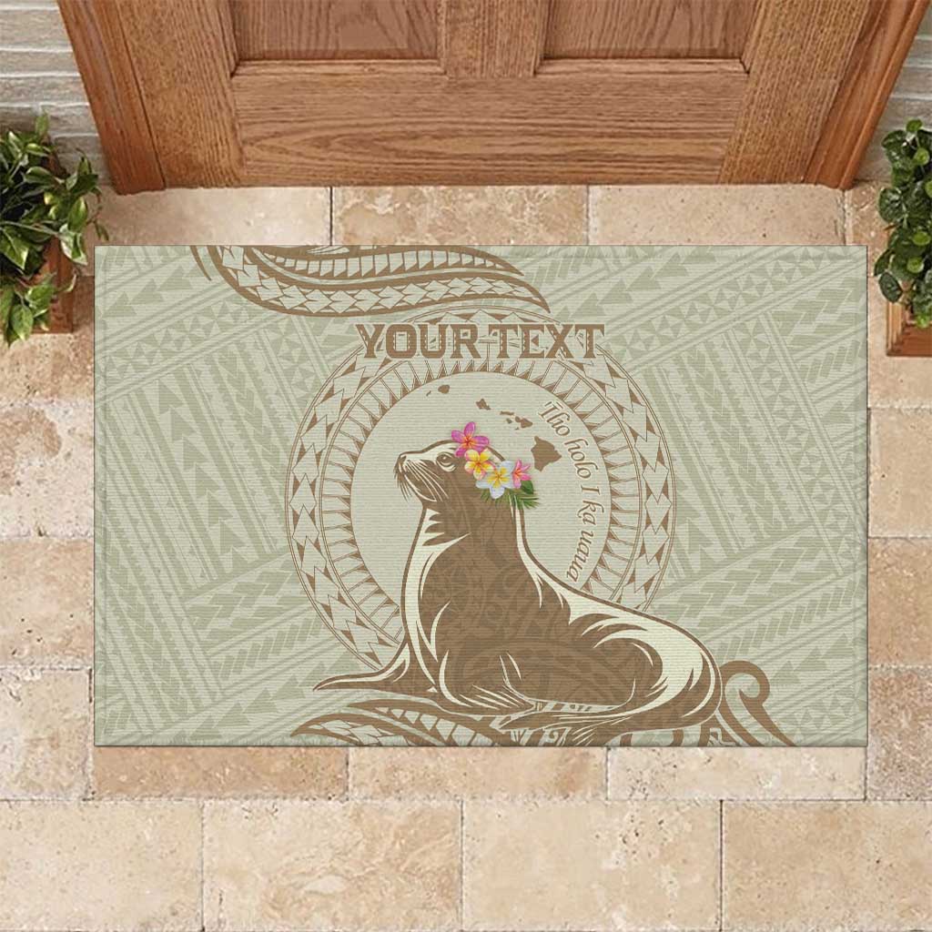 Personalised Hawaii Monk Seal Rubber Doormat Polynesian Tattoo With Tropical Flowers - Beige Pastel