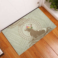 Personalised Hawaii Monk Seal Rubber Doormat Polynesian Tattoo With Tropical Flowers - Beige Pastel