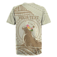 Personalised Hawaii Monk Seal Rugby Jersey Polynesian Tattoo With Tropical Flowers - Beige Pastel
