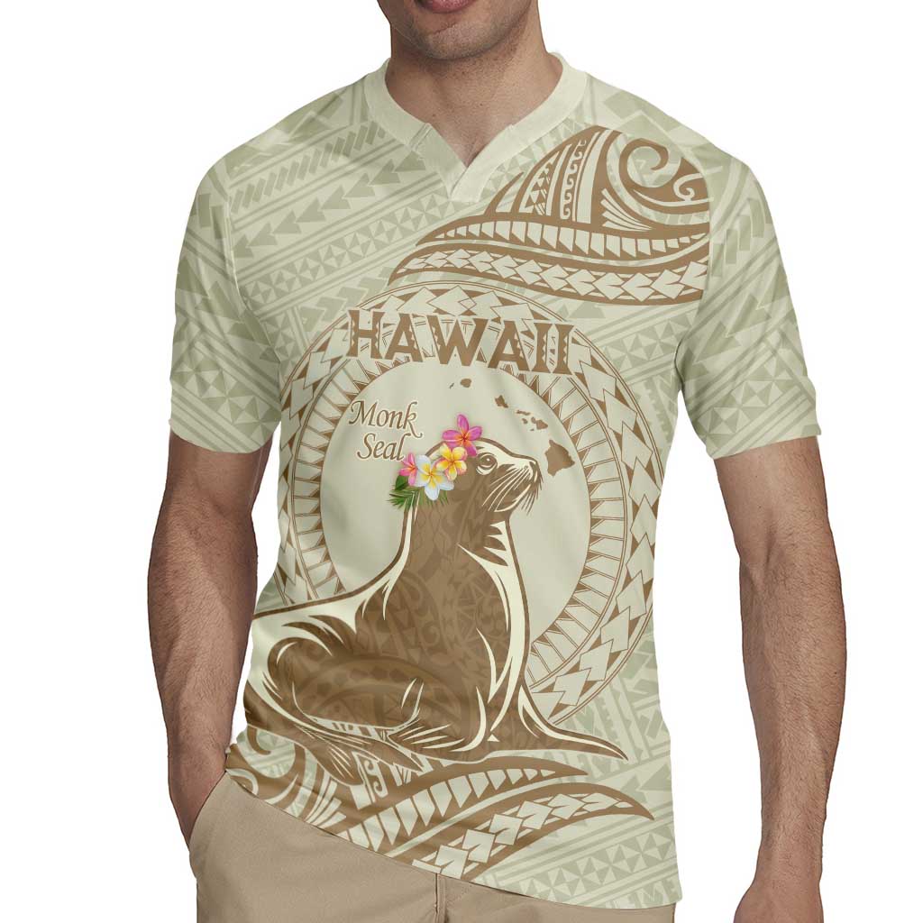 Personalised Hawaii Monk Seal Rugby Jersey Polynesian Tattoo With Tropical Flowers - Beige Pastel
