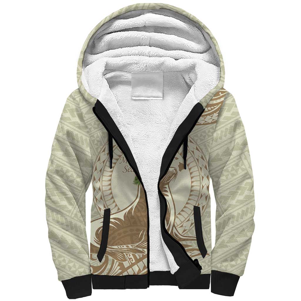 Personalised Hawaii Monk Seal Sherpa Hoodie Polynesian Tattoo With Tropical Flowers - Beige Pastel