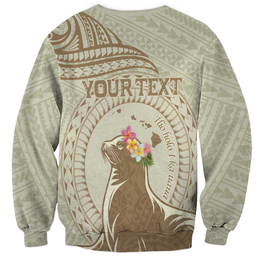 Personalised Hawaii Monk Seal Sweatshirt Polynesian Tattoo With Tropical Flowers - Beige Pastel