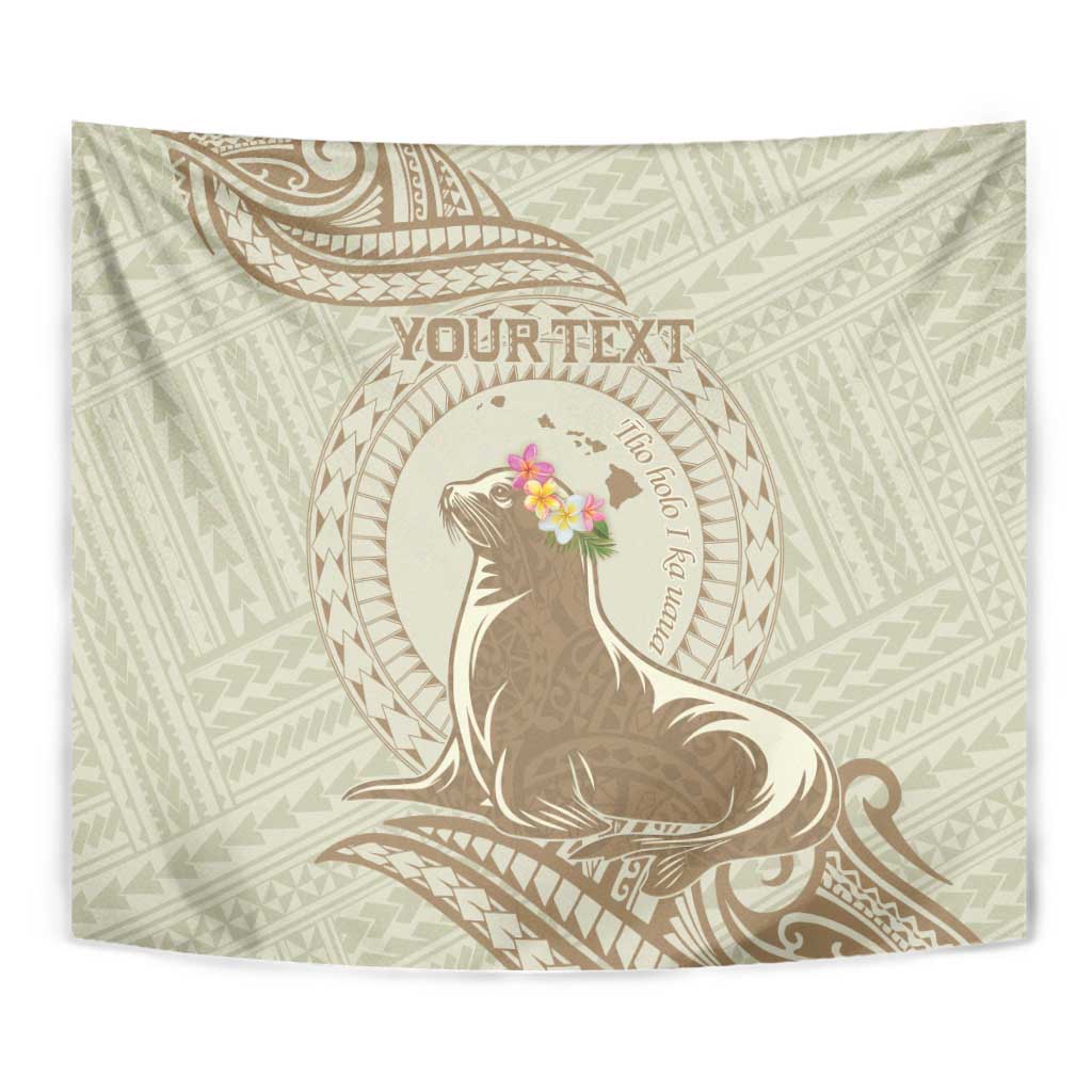 Personalised Hawaii Monk Seal Tapestry Polynesian Tattoo With Tropical Flowers - Beige Pastel
