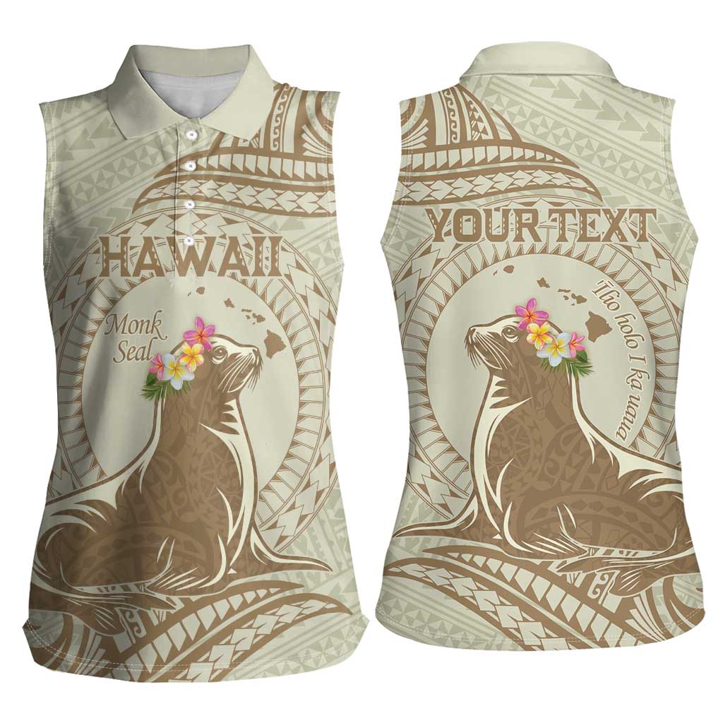 Personalised Hawaii Monk Seal Women Sleeveless Polo Shirt Polynesian Tattoo With Tropical Flowers - Beige Pastel