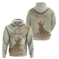 Personalised Hawaii Monk Seal Zip Hoodie Polynesian Tattoo With Tropical Flowers - Beige Pastel