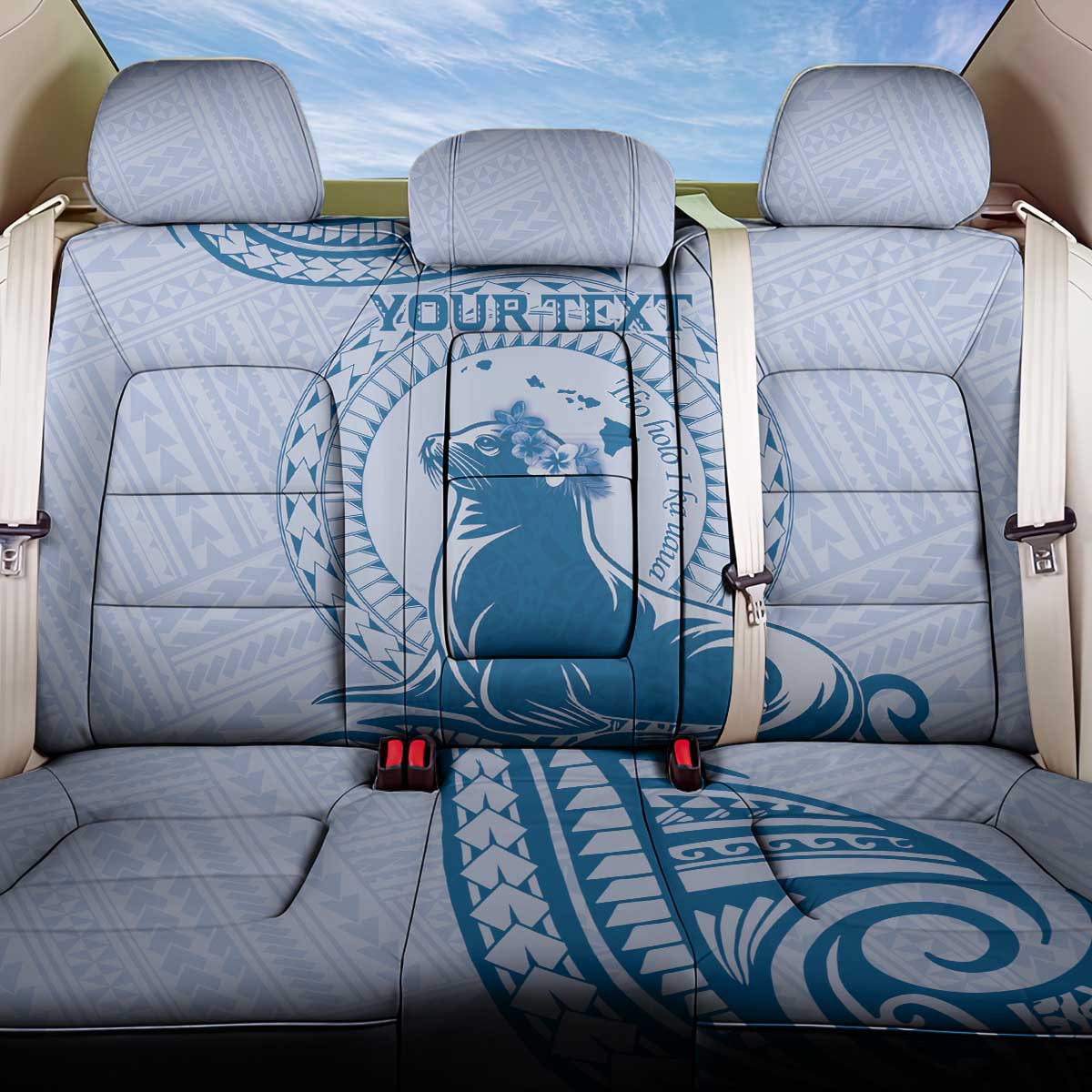 Personalised Hawaii Monk Seal Back Car Seat Cover Polynesian Tattoo With Tropical Flowers - Blue Pastel