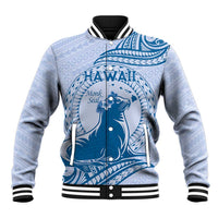 Personalised Hawaii Monk Seal Baseball Jacket Polynesian Tattoo With Tropical Flowers - Blue Pastel