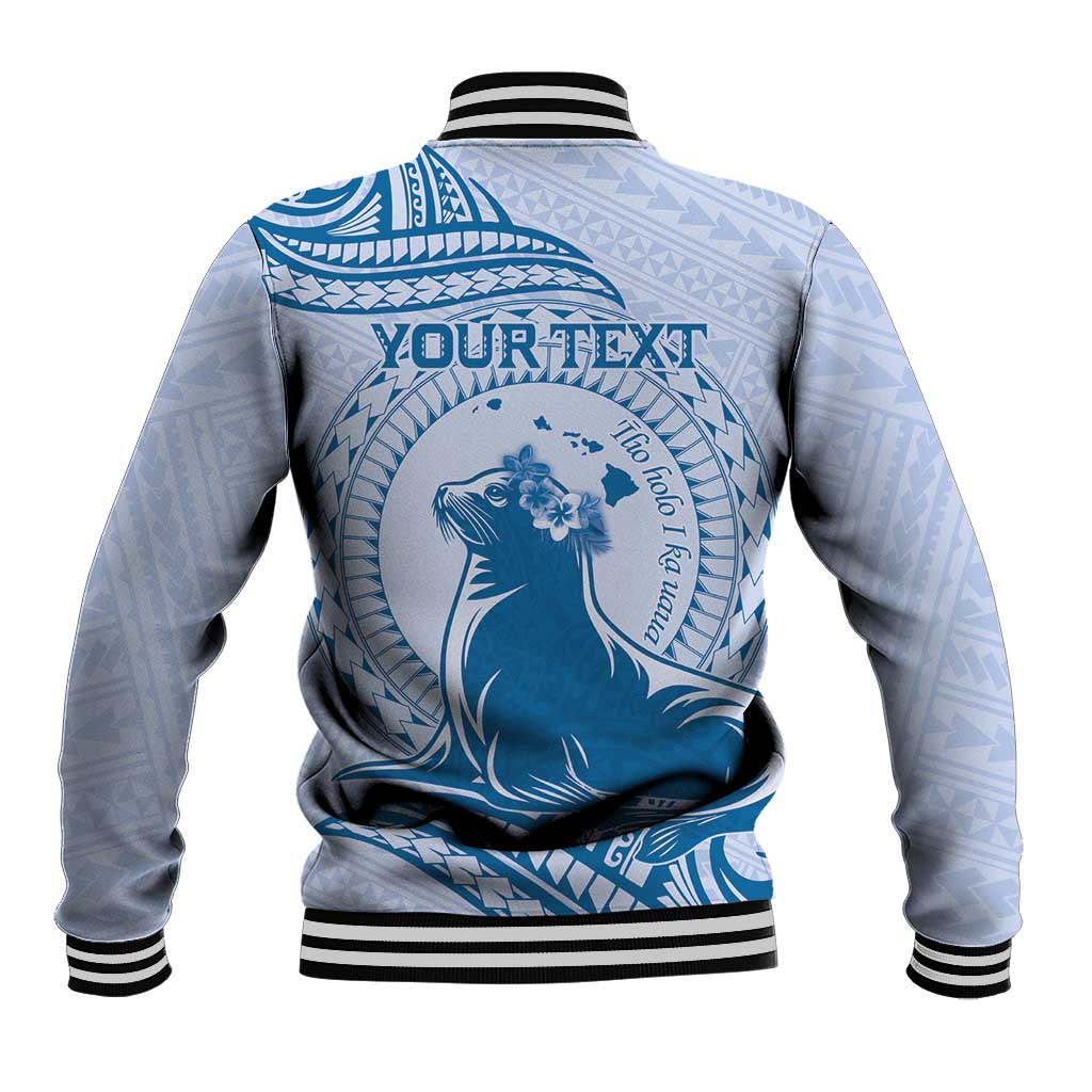 Personalised Hawaii Monk Seal Baseball Jacket Polynesian Tattoo With Tropical Flowers - Blue Pastel