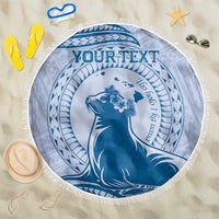 Personalised Hawaii Monk Seal Beach Blanket Polynesian Tattoo With Tropical Flowers - Blue Pastel