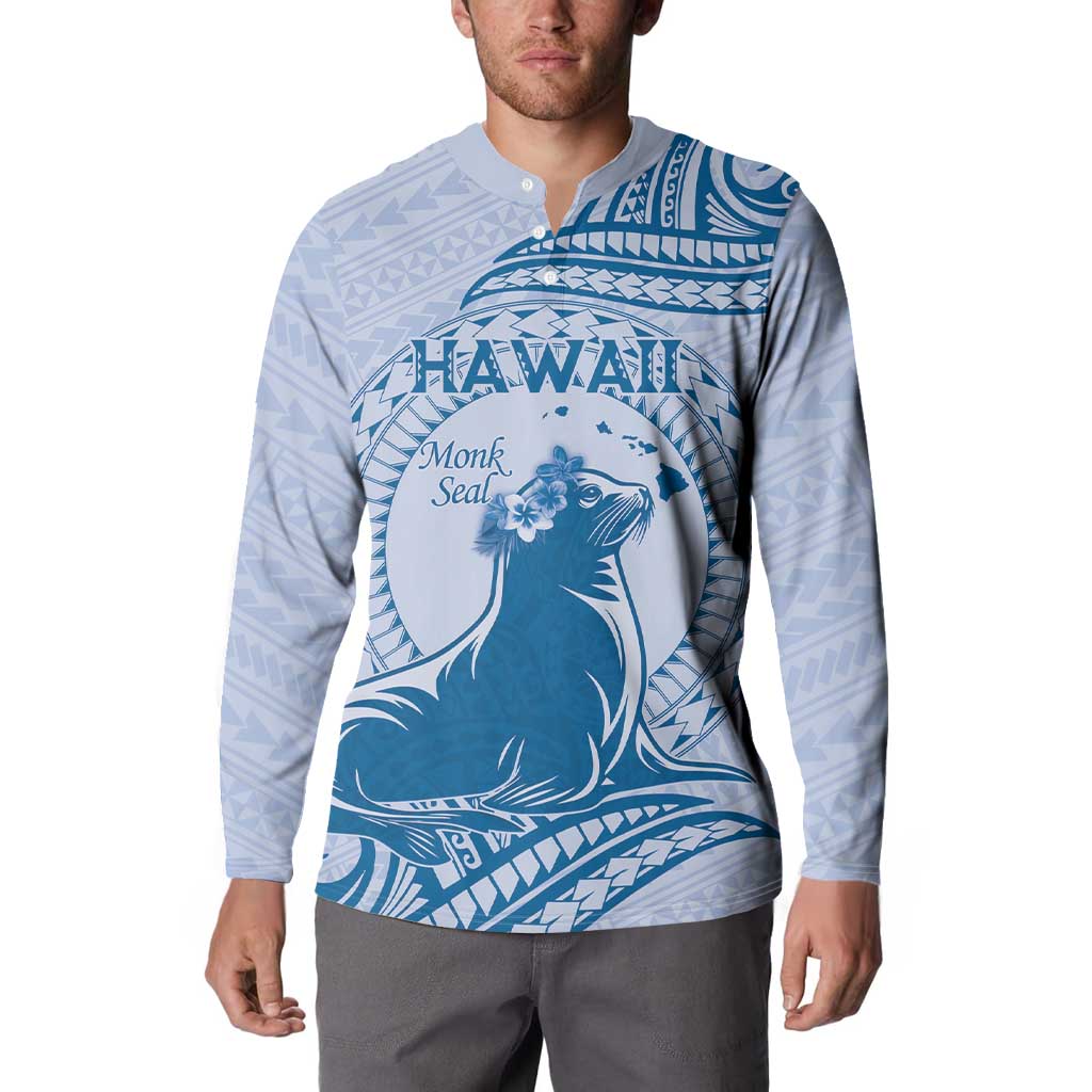Personalised Hawaii Monk Seal Button Sweatshirt Polynesian Tattoo With Tropical Flowers - Blue Pastel