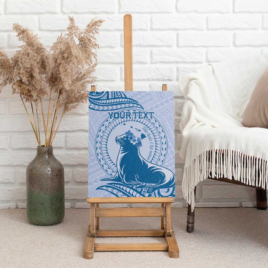 Personalised Hawaii Monk Seal Canvas Wall Art Polynesian Tattoo With Tropical Flowers - Blue Pastel