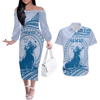 Personalised Hawaii Monk Seal Couples Matching Off The Shoulder Long Sleeve Dress and Hawaiian Shirt Polynesian Tattoo With Tropical Flowers - Blue Pastel
