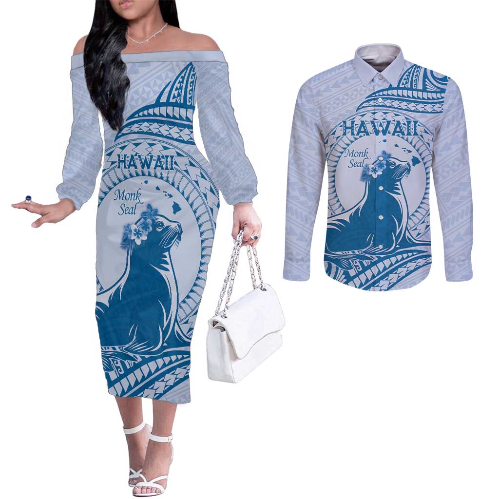 Personalised Hawaii Monk Seal Couples Matching Off The Shoulder Long Sleeve Dress and Long Sleeve Button Shirt Polynesian Tattoo With Tropical Flowers - Blue Pastel