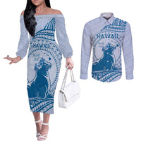 Personalised Hawaii Monk Seal Couples Matching Off The Shoulder Long Sleeve Dress and Long Sleeve Button Shirt Polynesian Tattoo With Tropical Flowers - Blue Pastel