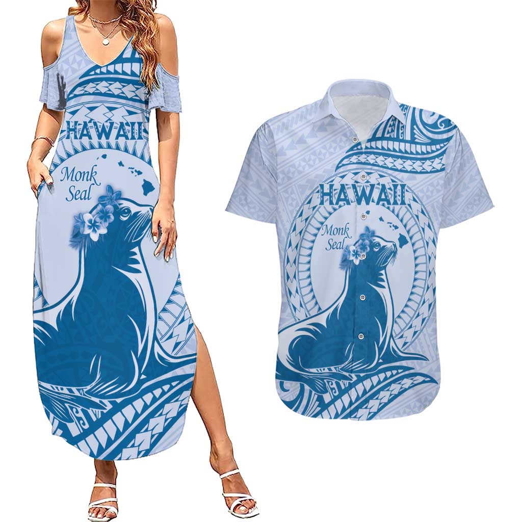 Personalised Hawaii Monk Seal Couples Matching Summer Maxi Dress and Hawaiian Shirt Polynesian Tattoo With Tropical Flowers - Blue Pastel