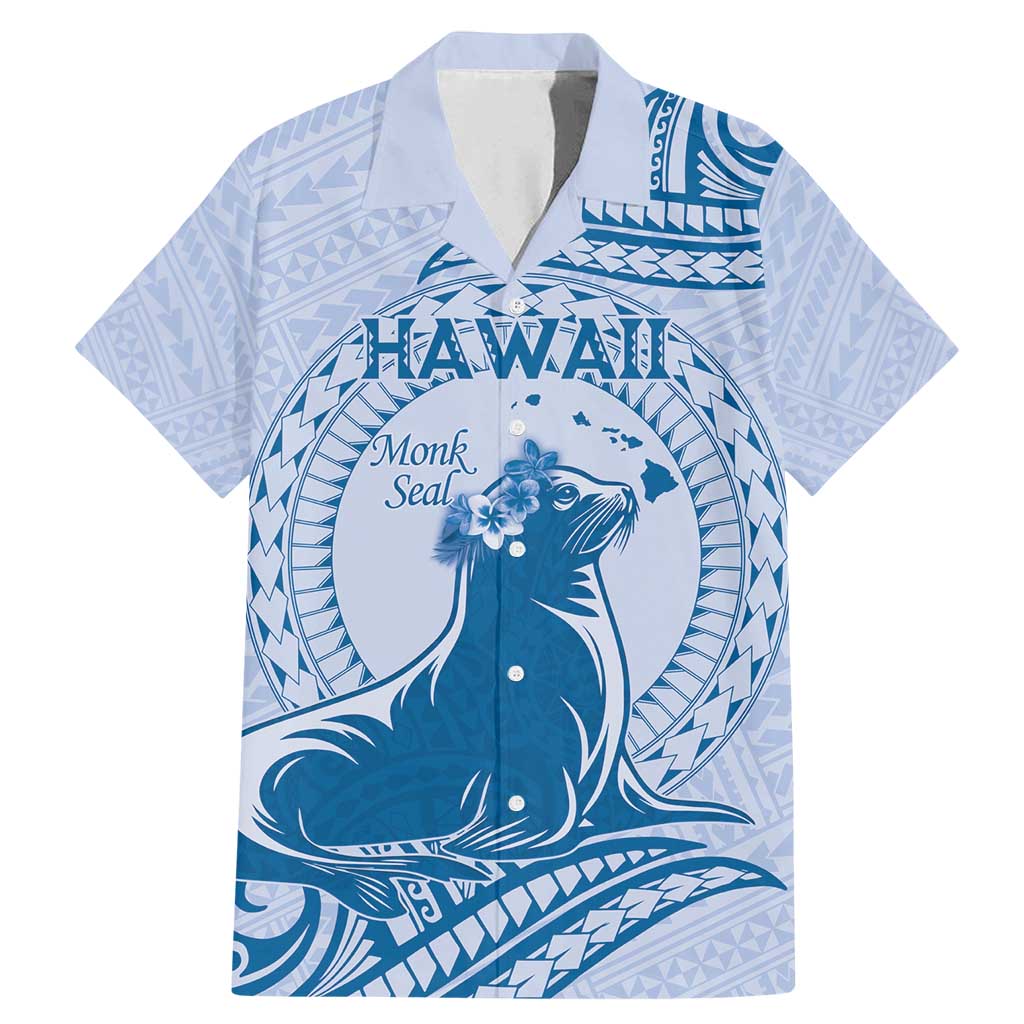 Personalised Hawaii Monk Seal Family Matching Mermaid Dress and Hawaiian Shirt Polynesian Tattoo With Tropical Flowers - Blue Pastel