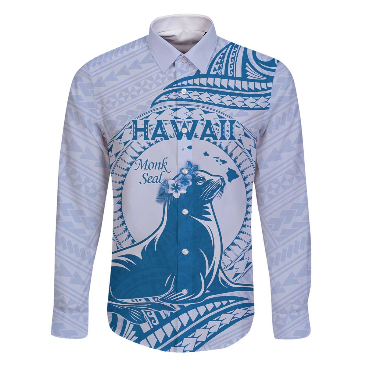 Personalised Hawaii Monk Seal Family Matching Off The Shoulder Long Sleeve Dress and Hawaiian Shirt Polynesian Tattoo With Tropical Flowers - Blue Pastel