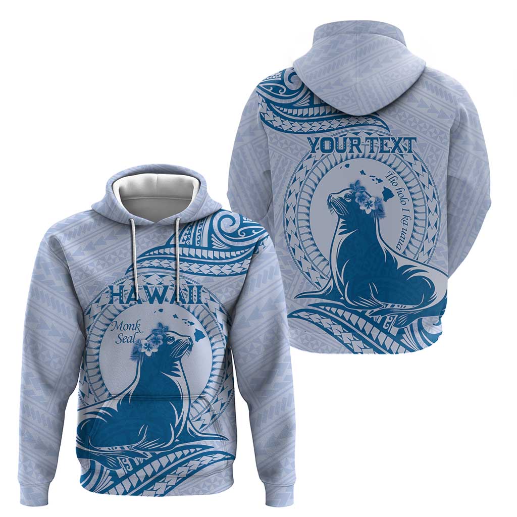 Personalised Hawaii Monk Seal Hoodie Polynesian Tattoo With Tropical Flowers - Blue Pastel