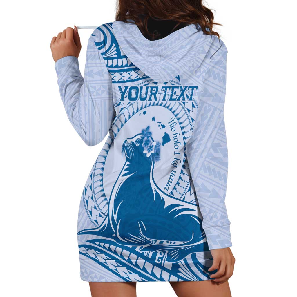 Personalised Hawaii Monk Seal Hoodie Dress Polynesian Tattoo With Tropical Flowers - Blue Pastel