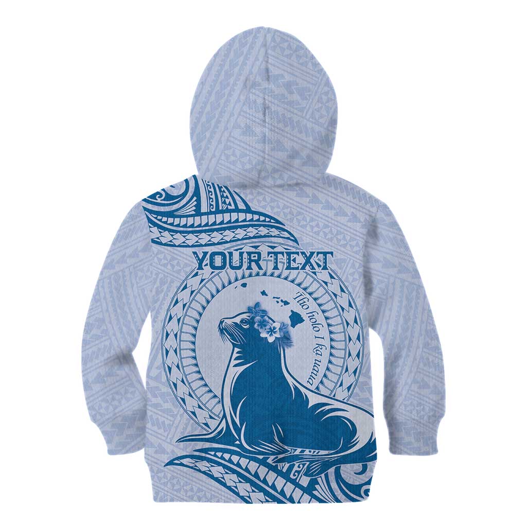 Personalised Hawaii Monk Seal Kid Hoodie Polynesian Tattoo With Tropical Flowers - Blue Pastel