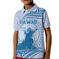 Personalised Hawaii Monk Seal Kid Polo Shirt Polynesian Tattoo With Tropical Flowers - Blue Pastel