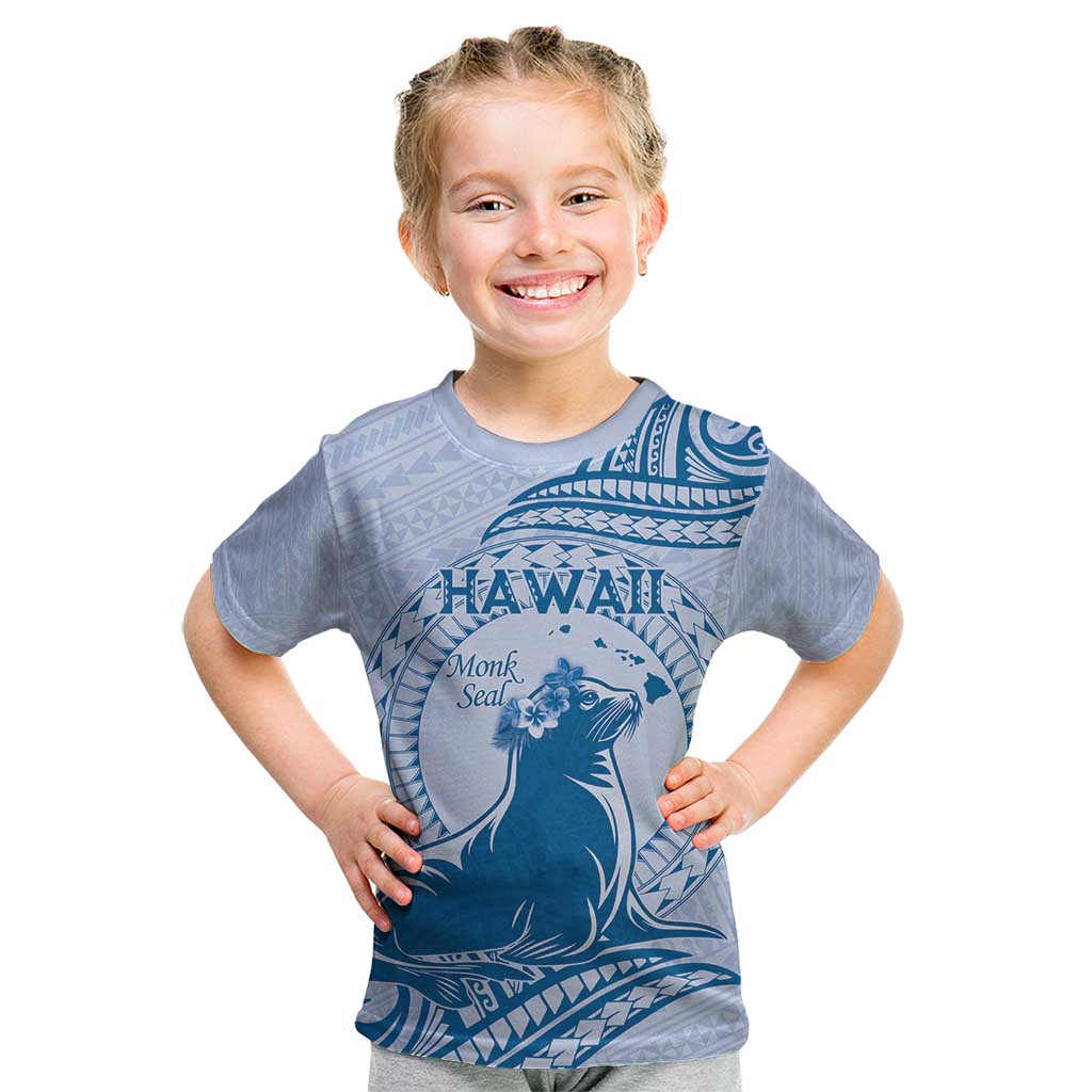 Personalised Hawaii Monk Seal Kid T Shirt Polynesian Tattoo With Tropical Flowers - Blue Pastel