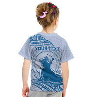 Personalised Hawaii Monk Seal Kid T Shirt Polynesian Tattoo With Tropical Flowers - Blue Pastel