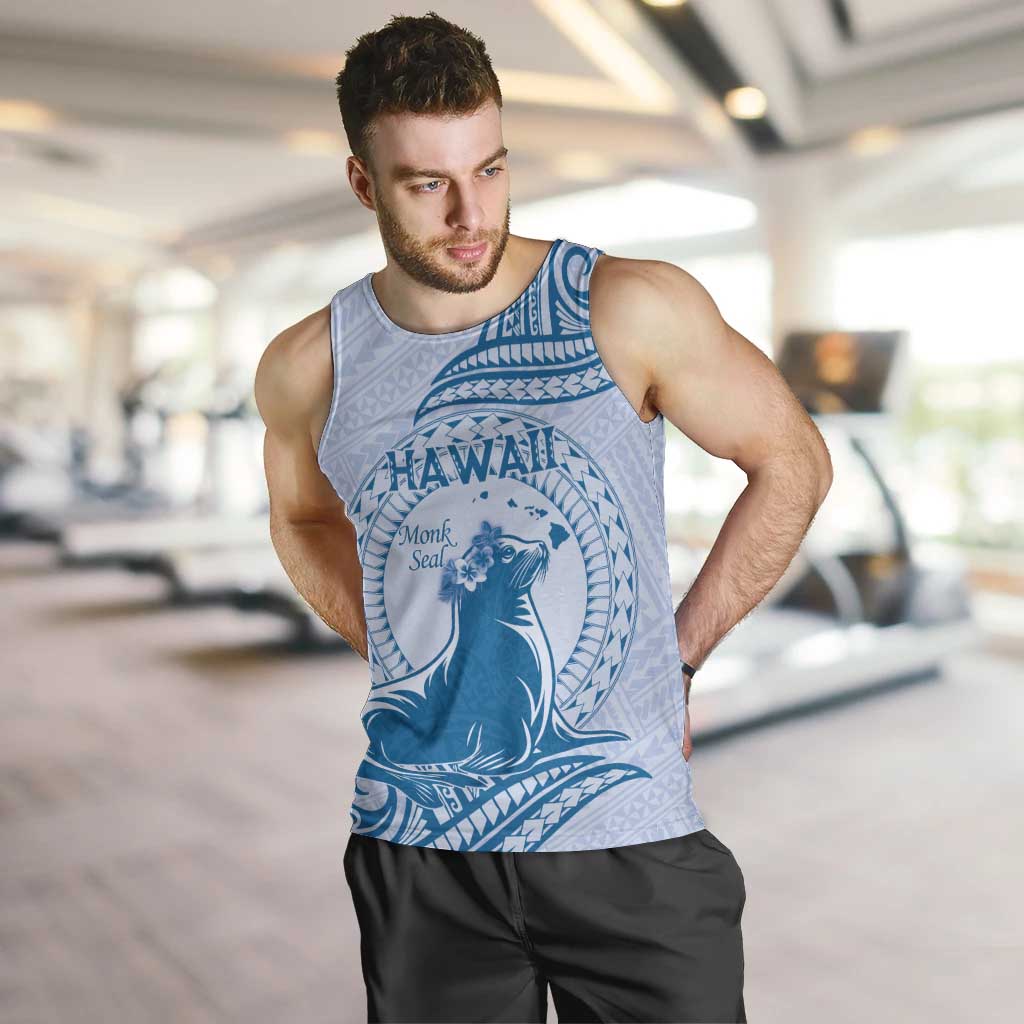 Personalised Hawaii Monk Seal Men Tank Top Polynesian Tattoo With Tropical Flowers - Blue Pastel