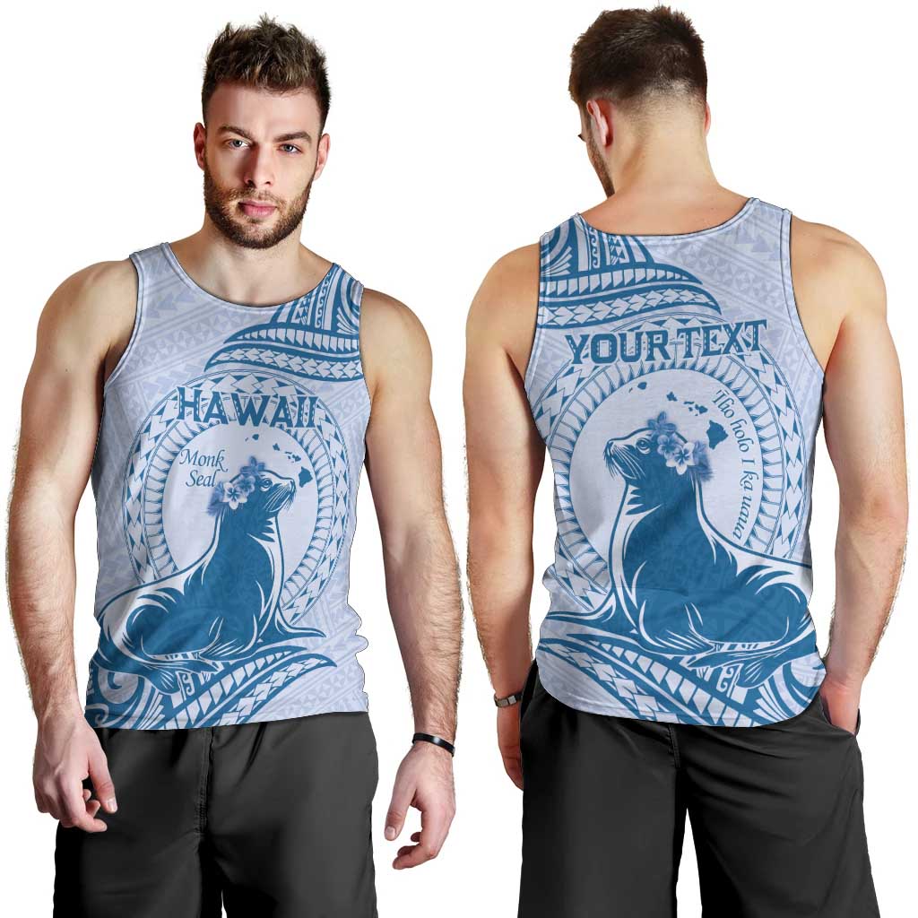 Personalised Hawaii Monk Seal Men Tank Top Polynesian Tattoo With Tropical Flowers - Blue Pastel