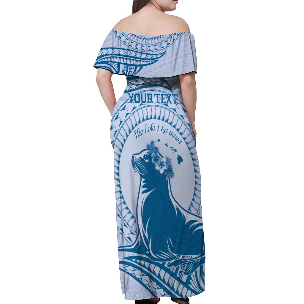 Personalised Hawaii Monk Seal Off Shoulder Maxi Dress Polynesian Tattoo With Tropical Flowers - Blue Pastel