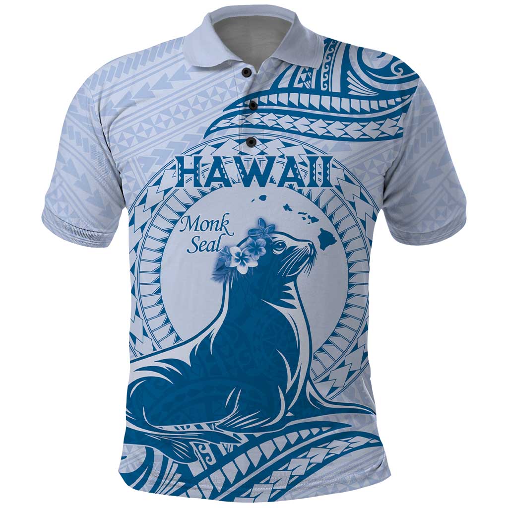 Personalised Hawaii Monk Seal Polo Shirt Polynesian Tattoo With Tropical Flowers - Blue Pastel