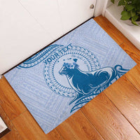 Personalised Hawaii Monk Seal Rubber Doormat Polynesian Tattoo With Tropical Flowers - Blue Pastel