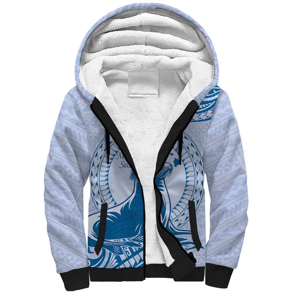 Personalised Hawaii Monk Seal Sherpa Hoodie Polynesian Tattoo With Tropical Flowers - Blue Pastel