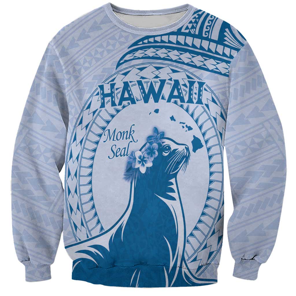 Personalised Hawaii Monk Seal Sweatshirt Polynesian Tattoo With Tropical Flowers - Blue Pastel
