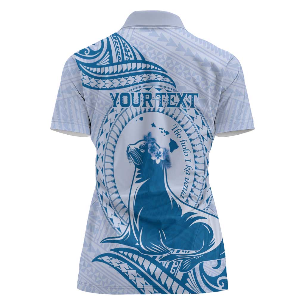 Personalised Hawaii Monk Seal Women Polo Shirt Polynesian Tattoo With Tropical Flowers - Blue Pastel