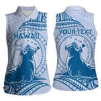 Personalised Hawaii Monk Seal Women Sleeveless Polo Shirt Polynesian Tattoo With Tropical Flowers - Blue Pastel